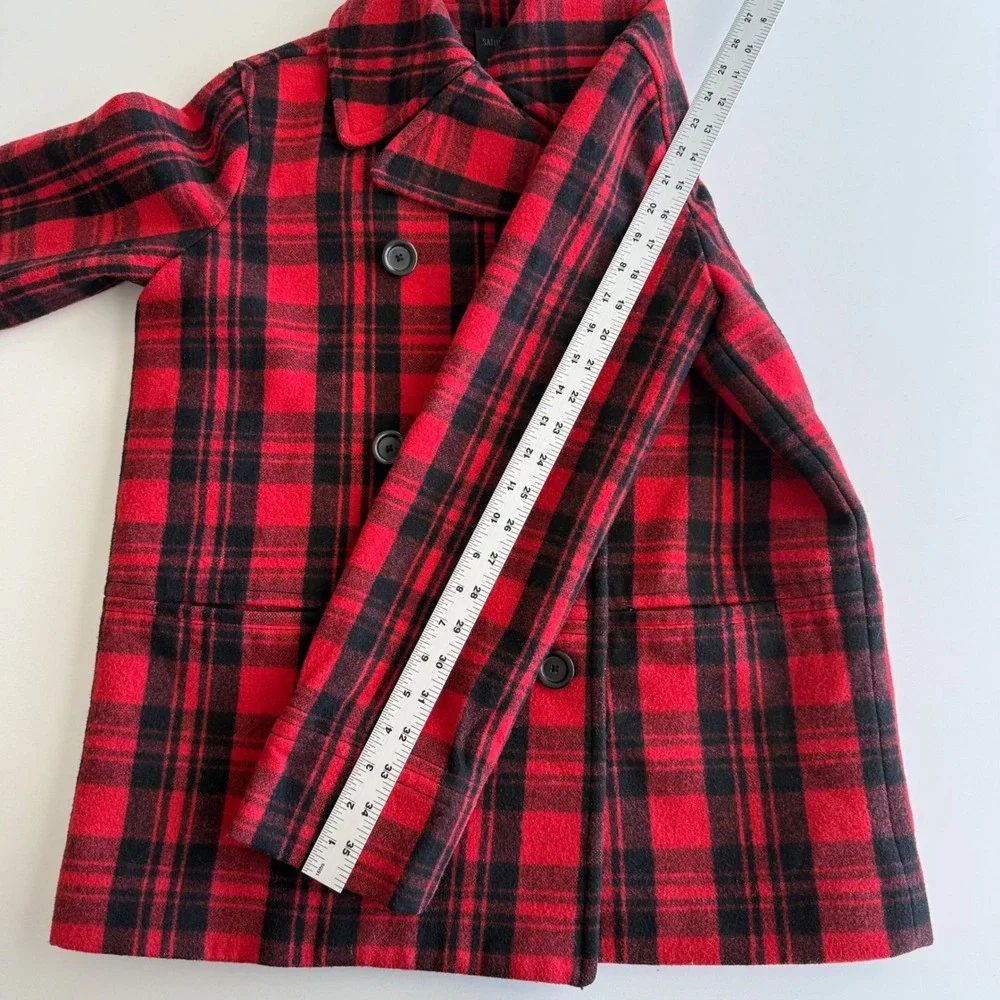 Kate Spade Saturday Wool Blend Scotch‎ Plaid Button Up Red Black Pea Coat wmn M